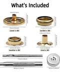 Details of Stainless Steel Snap Fasteners Kit 320 Pieces Heavy Duty 15mm Press Studs, showing components and tools.