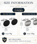 Size information for Two Pair Silver Plated French Cufflinks For Men highlighting black enamel and textured silver designs.