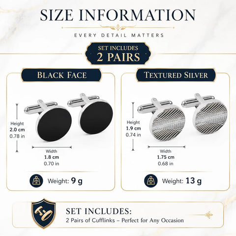 Size information for Two Pair Silver Plated French Cufflinks For Men highlighting black enamel and textured silver designs.