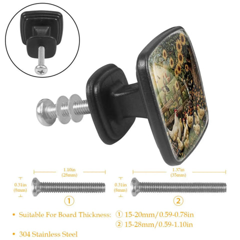 Side view of black cabinet knob with flower-chicken fence design; includes screw, part of 4 Pack Black Kitchen Cabinet Knobs.