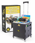 Quik Cart 360 Rolling Crate with Wheels Collapsible Utility Cart loaded with supplies, black, next to packaging box.