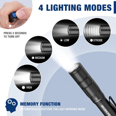 Rechargeable Mini Pen Light 2 Pack Ultra Compact EDC Flashlight with 4 lighting modes, memory function, and clip