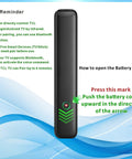 Back view of Universal Voice Control Remote With Motion Backlit And Bluetooth For Google TV Android TV Fire TV And More Converts Infrared To Hands Free Control For Modern Smart Televisions showing battery cover instructions.
