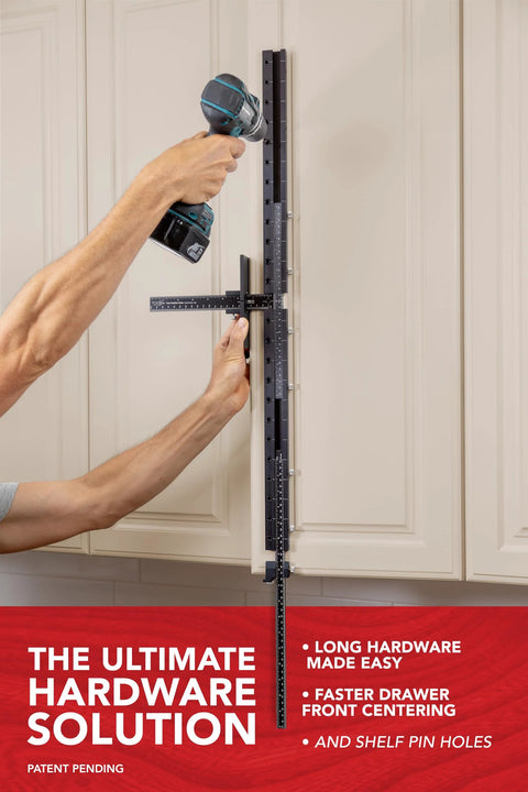 Person installing cabinet using Long Pull and Rapid Center Combo Without Case for Shelf Installations up to 38 inches center to center.