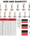 Size and quantity chart of No Brainer Pro Grade Copper Wire Lugs Connectors Kit With Heat Shrink Tubing for AWG 12 10 8 6 4 2