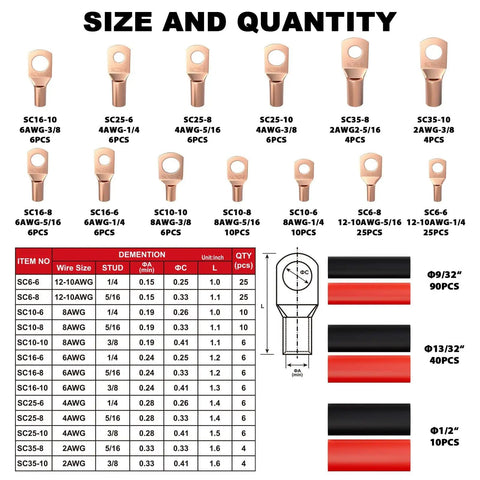Size and quantity chart of No Brainer Pro Grade Copper Wire Lugs Connectors Kit With Heat Shrink Tubing for AWG 12 10 8 6 4 2