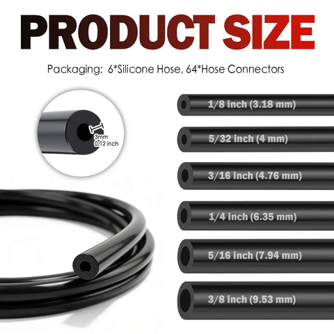 6 Pack 5 Foot Silicone Vacuum Hose Kit For Hot Rods With Massive Hose Fittings Set Including All Sizes From Tiny 1/8 Inch To Big 3/8 And 64 Connectors For Turbo Engines, black silicone hoses in sizes 1/8 to 3/8 inch
