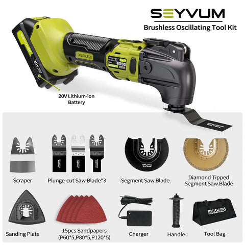 Cordless Brushless Oscillating Tool Kit with 20500 OPM, 20V battery, 22-piece accessory set including blades, sandpapers, and charger.