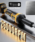 Heavy Duty Die Grinder Cranking 25000 Rpm With Quarter Inch Collet Plus Carbide Bit showing speed settings on handle.
