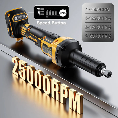 Heavy Duty Die Grinder Cranking 25000 Rpm With Quarter Inch Collet Plus Carbide Bit showing speed settings on handle.
