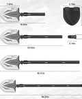 Diagrams showing sizes of Survival Shovel With High Carbon Steel Blade Folding Entrenching Tool And Axe Tactical Shovel with carry pouch.