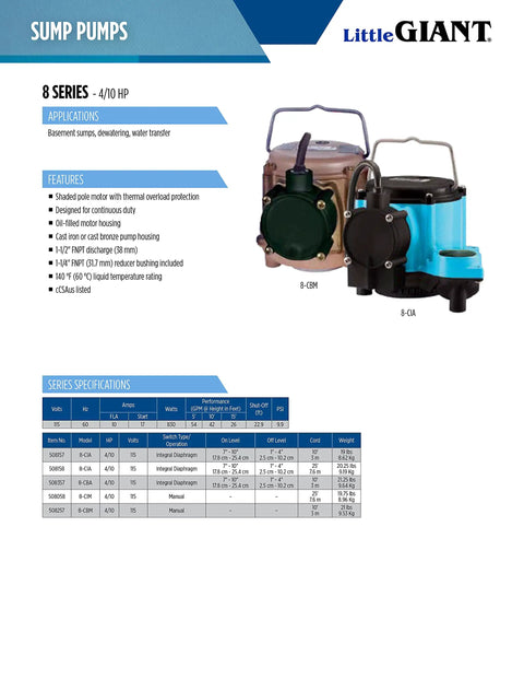 Image of Badass 115 Volt Cast Bronze Submersible Sump Pump With 4 Or 10 Horsepower And 3240 Gallons Per Hour, showcasing models and specifications.