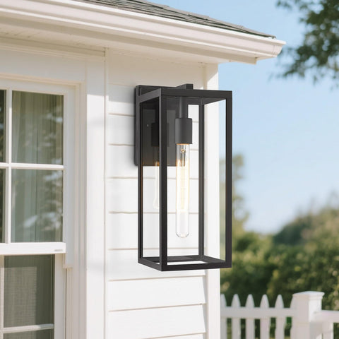 Rust-Resistant Outdoor Wall Lantern With Clear Glass, 13.4-Inch Tall Porch Light mounted on exterior white wall.