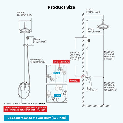 Brushed Nickel Shower Faucet Set With 8 Inch Rain Shower Head Handheld Spray Double Lever Handles Tub Spout 3 Function Diverter Wall Mount Bathroom Fixture All in One Premium Brass Construction dimensions and size chart.