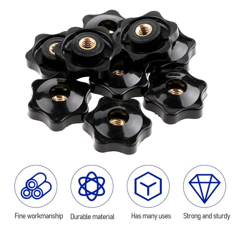 M8 Knurled Star Knob Set With Brass Inserts, Black Plastic Screw On Type Through Knobs For Machinery Lathe, 10 Pack Assortment