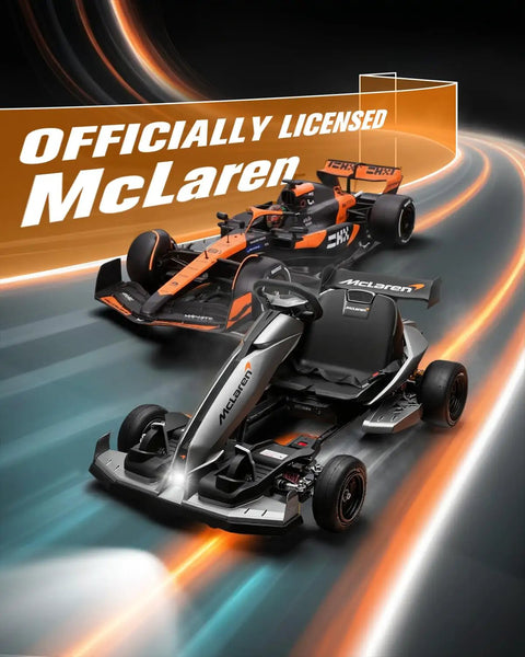 McLaren Licensed 48V Electric Go Kart for Teens 14 Plus with Handbrake and rubber tires on a track background