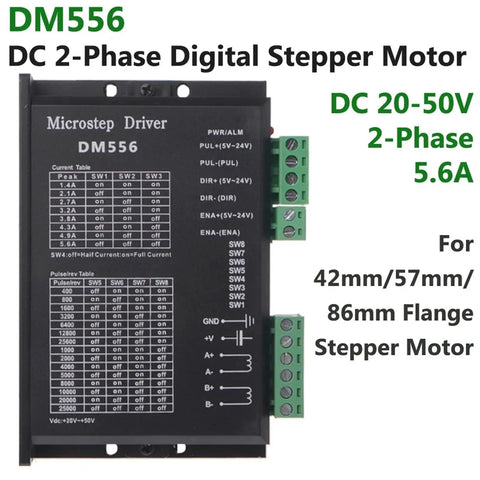 DM556 Driver for DC 20-50V 2-Phase Stepper Motor, 5.6A, suitable for 42mm/57mm/86mm flange motors.