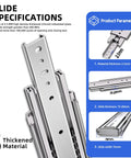 Diagram of Beefy 500Lb Capacity Heavy Duty Drawer Slides showing material thickness and dimensions for 16 to 40 inch cabinets.