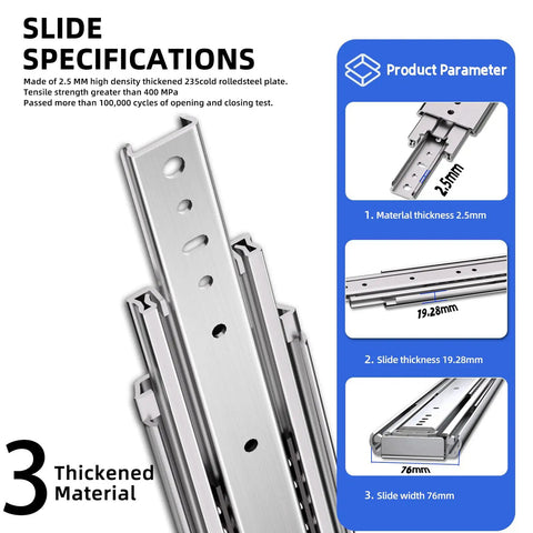 Diagram of Beefy 500Lb Capacity Heavy Duty Drawer Slides showing material thickness and dimensions for 16 to 40 inch cabinets.