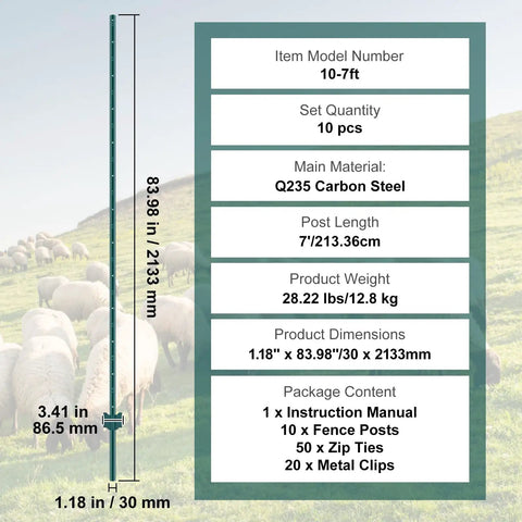 Beefy 7 Feet U Channel Fence Post Set 10 Pack With 50 Zip Ties And 20 Clips For Garden Yard Farm And Outdoor Wire Fencing