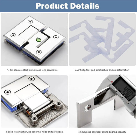 Top Shelf 304 Stainless Steel Glass Door Hinges Two Pack Bright Silver 180 Degree Wide Swing bathroom clamps with anti slip pads