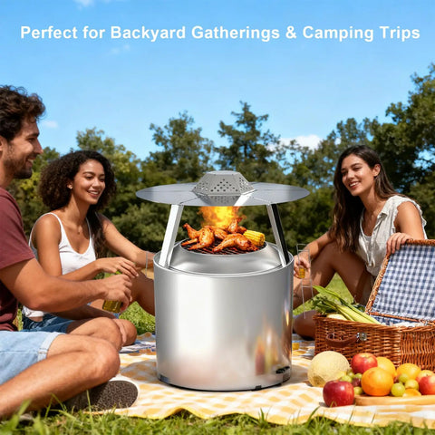 Heat Deflector For Bonfire And Fire Pit 19.5 Inch, 304 Stainless Steel With Carrying Handle And 3 Leg Stand outdoors with friends