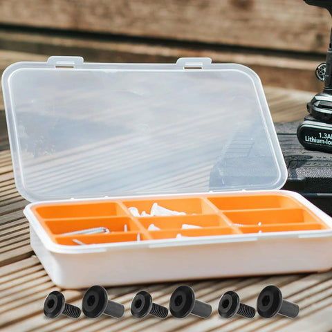 20 Pack Black Iron Furniture Screws With Nuts For Chairs And Cabinets displayed in open organizer box