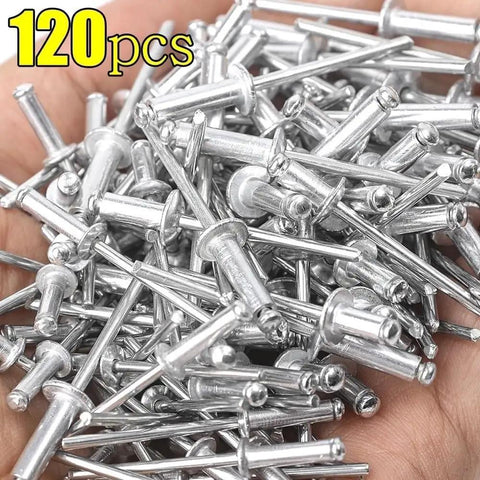 Handful of Pro Grade All Purpose Blind Rivets Kit With Dome Head Fasteners 120 Pcs Assortment Includes Riveter Tool And Storage Box