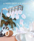 Top Shelf Quick Chill Portable Countertop Ice Maker Knocking Out Nine Cubes In Six Minutes With A Heavy Duty Twenty Six Pound Daily Yield For Weekend Ragers And Zero Mess Self Cleanup Routine producing ice cubes with water splash and coconut.