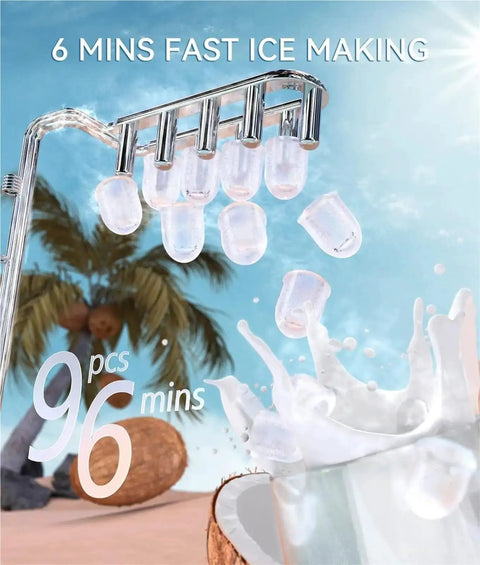 Top Shelf Quick Chill Portable Countertop Ice Maker Knocking Out Nine Cubes In Six Minutes With A Heavy Duty Twenty Six Pound Daily Yield For Weekend Ragers And Zero Mess Self Cleanup Routine producing ice cubes with water splash and coconut.