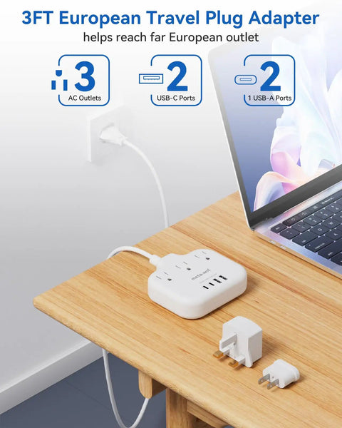 US To Europe Travel Plug Adapter With Three US Outlets And Four USB Ports, 7 In 1 travel power strip on a wooden table