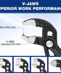 Close-up of Heavy Duty Water Pump Pliers Set With V Jaw Quick Adjustable Groove Joint Pliers for home and industrial repair.