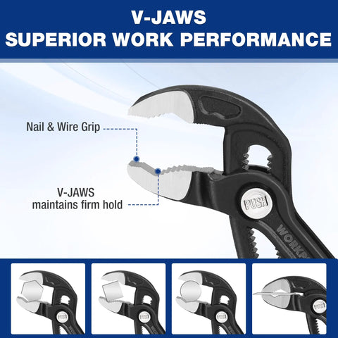 Close-up of Heavy Duty Water Pump Pliers Set With V Jaw Quick Adjustable Groove Joint Pliers for home and industrial repair.