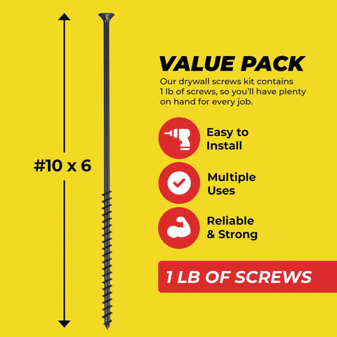 Size Ten Coarse Thread Drywall Screw With Sharp Point And Phillips Drive Two Bugle Head Black 6 Inch 1 Lb Pack Pro Grade For Drywall