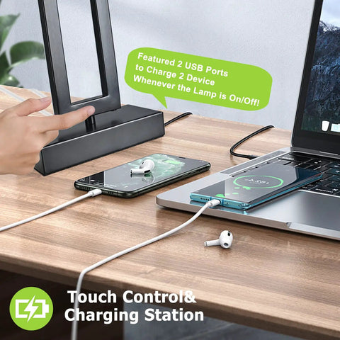 Touch Control Bedside Lamps Set Of 2 With Dope Dual USB Ports And Three Way Dimmable, charging phone and laptop on desk