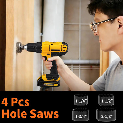 Person using The Ultimate 350 Piece Drill Bit Set For Home Repair And Furniture Assembly Packed With Masonry Bits Driver Bits Spade Bits Hole Saws And Hex Keys To Power Through Any Household Job Without Breaking A Sweat to drill a hole in wood.