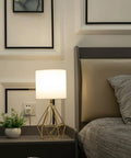 Gold Table Lamps Set Of 2 Dope End Table Lamps With White Fabric Shades, geometric metal base on bedroom nightstand