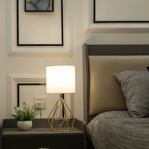 Gold Table Lamps Set Of 2 Dope End Table Lamps With White Fabric Shades, geometric metal base on bedroom nightstand