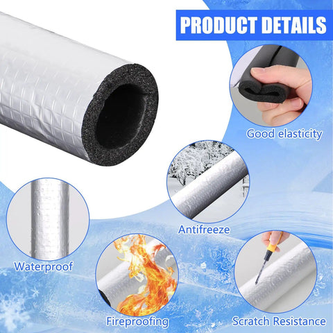14 Pack Pipe Insulation Foam Tubes With Self Adhesive Aluminum Foil Wrap showing waterproof, fireproof, and antifreeze features