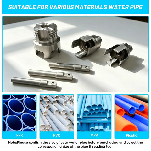 Dual Function PVC Pipe Threader Kit For One Half Inch Three Quarter Inch And One Inch Pipes Internal And External Threading Tool Alloy Steel Construction Electric Drill Compatible For Home Plumbing Repairs DIY Ready components showing threading dies and rods.