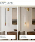 XYDikssn Crystal Wall Sconces, Brushed Gold Brass Wall Lights with Clear Crystal Glass, shown in light off and light on states.