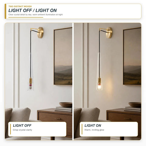 XYDikssn Crystal Wall Sconces, Brushed Gold Brass Wall Lights with Clear Crystal Glass, shown in light off and light on states.