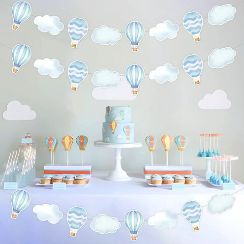 Blue Hot Air Balloon Party Decorations Set, 3 Hanging Garlands With Eight Pieces Each In Four Different Patterns, Adventure Awaits Theme For Baby Shower And Gender Reveal, Travel World Sky Cloud Plane Decor For Indoor Outdoor Use