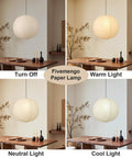 Large Off White Paper Pendant Light 23.6 Inch Japanese Rice Paper Ceiling Lamp With Cord And Canopy in various lighting settings.