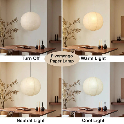 Large Off White Paper Pendant Light 23.6 Inch Japanese Rice Paper Ceiling Lamp With Cord And Canopy in various lighting settings.