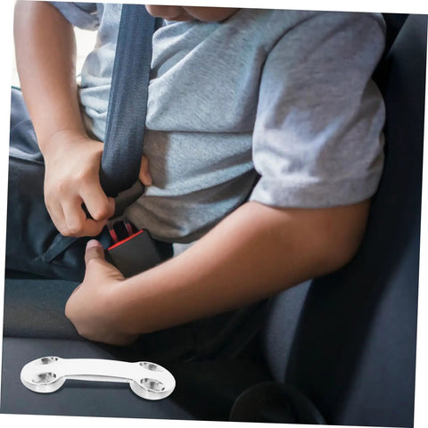 Child fastening seat belt with heavy duty polished fastener plate fixing buckle for safety in vehicle.
