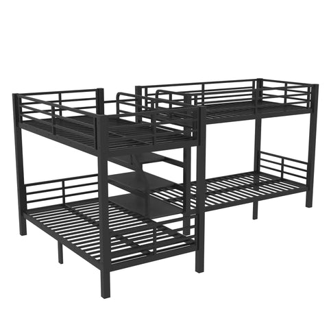 Twin L Shaped Metal Bunk Bed With Storage Shelves And Safety Guardrail Space Saving Black Finish frame view with side shelves