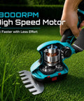 Cordless 20V Hedge Trimmer And Grass Shears Two In One showing exposed motor and dual action blades on grass