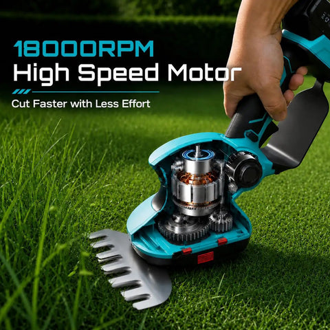 Cordless 20V Hedge Trimmer And Grass Shears Two In One showing exposed motor and dual action blades on grass