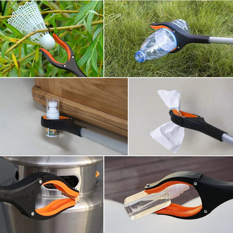 43-inch foldable grabber tool with magnets picking items in various scenes, demonstrating its versatile use for easy reach and daily tasks.